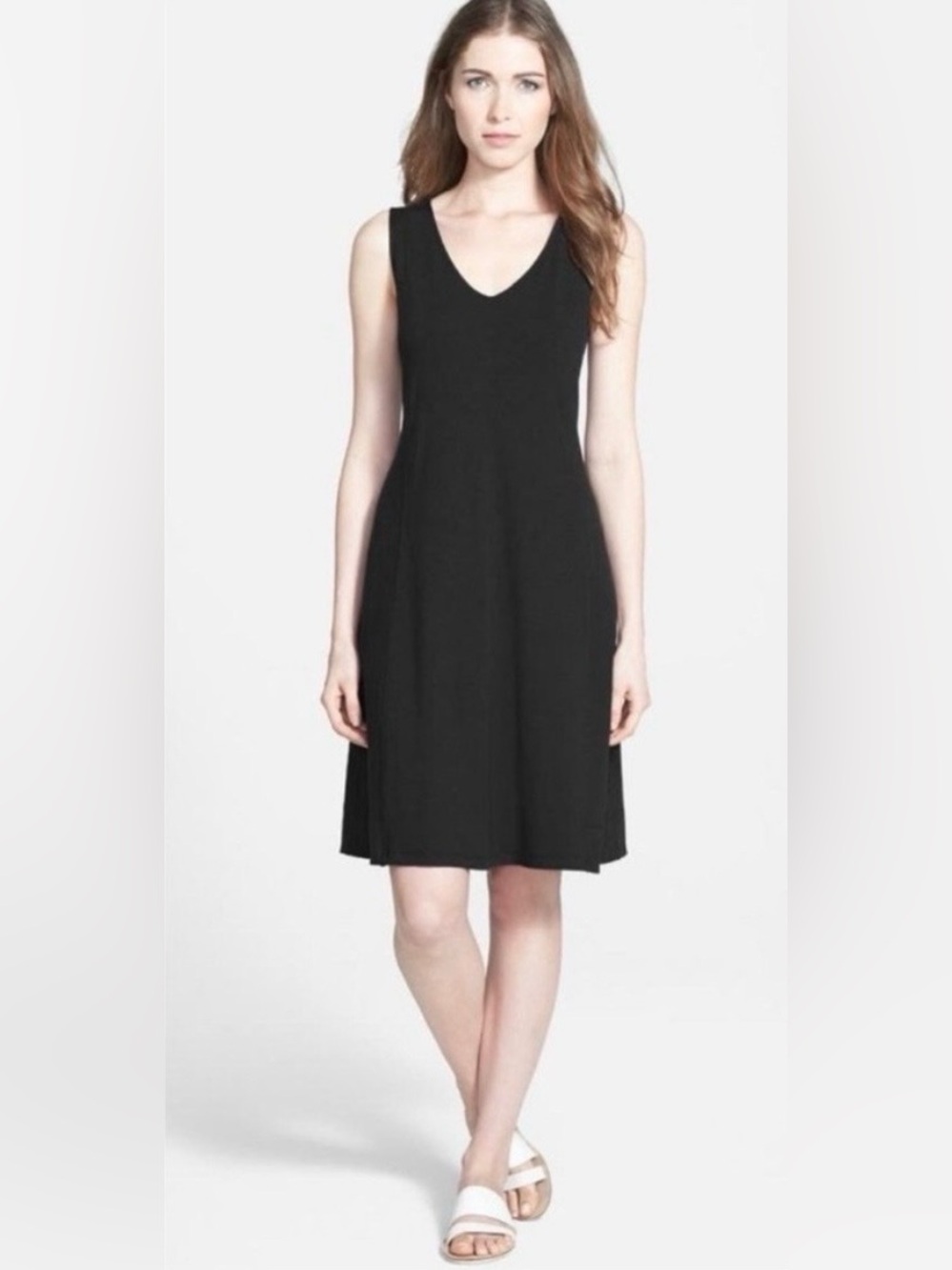 Eileen Fisher Viscose Blend Ponte Black Dress Minimalist Sleeveless V-Neck